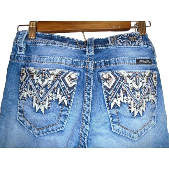 Miss Me Sz 26 Bootcut Jeans Cut Raw Hem Medium Wash w Amazing Embroidered and St - Picture 4 of 7